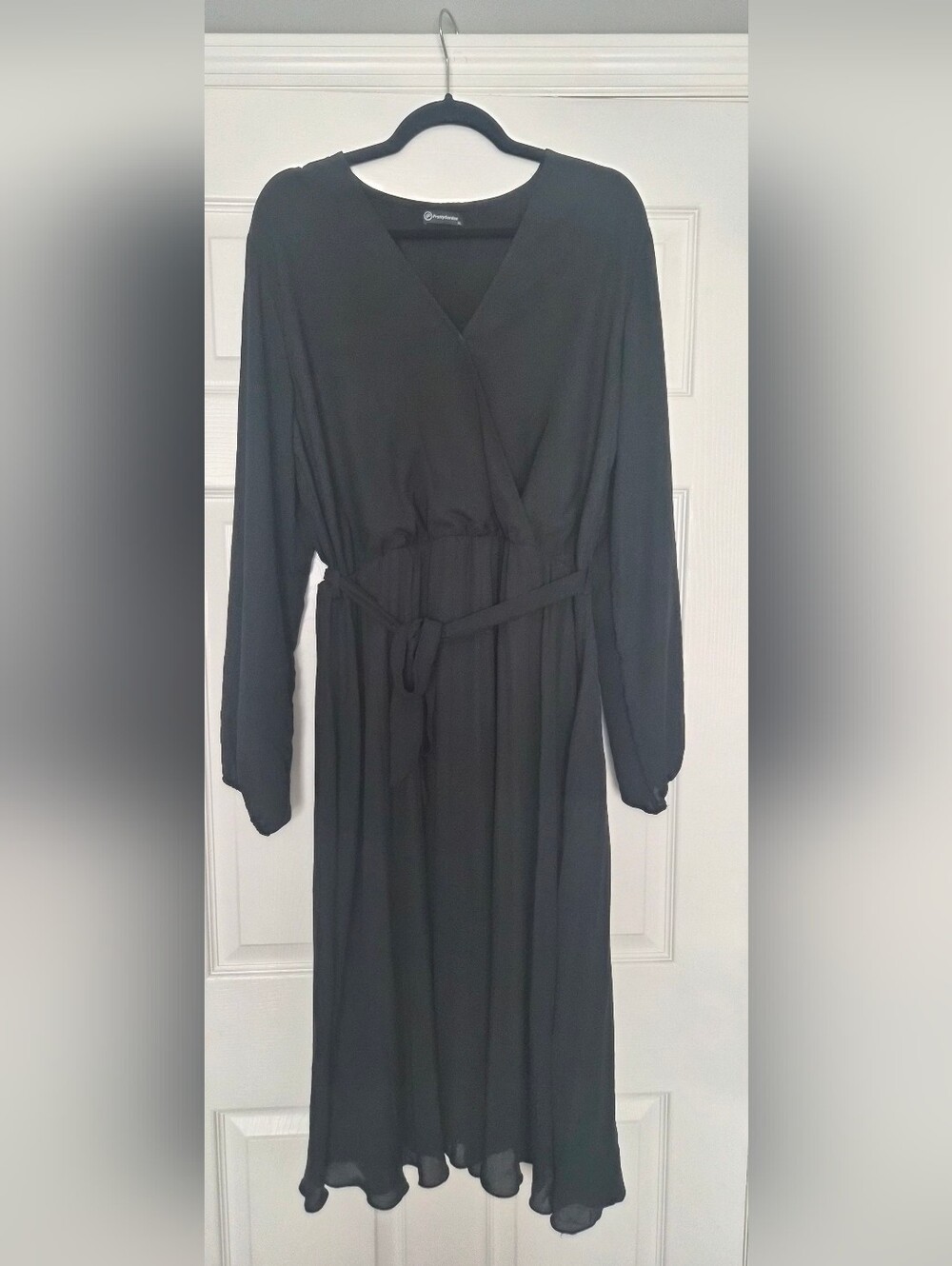 Black Long Sleeve Wrap Dress with Waist Tie